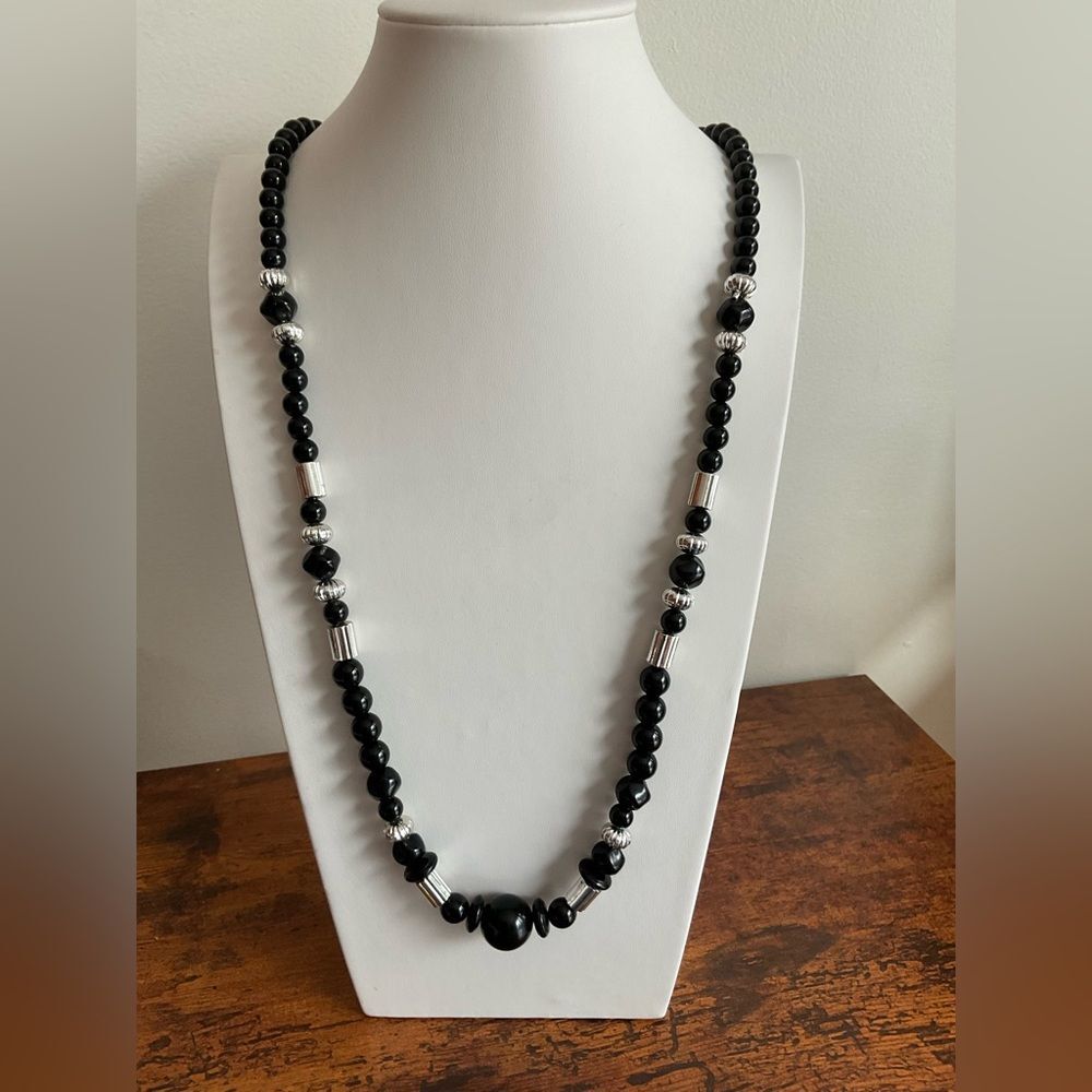 Black and Silver Beaded Necklace 36”